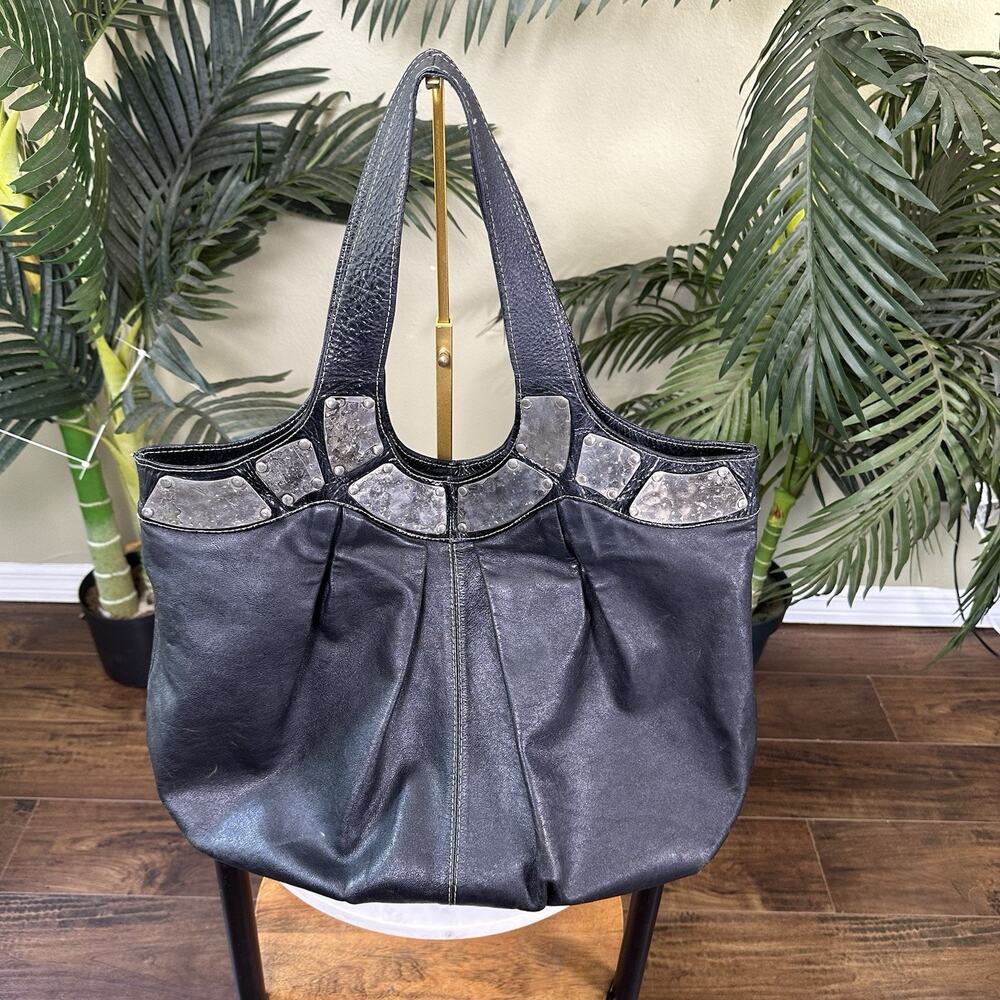 DASA Black leather hobo bag Y2K Hammered metal slouch Large